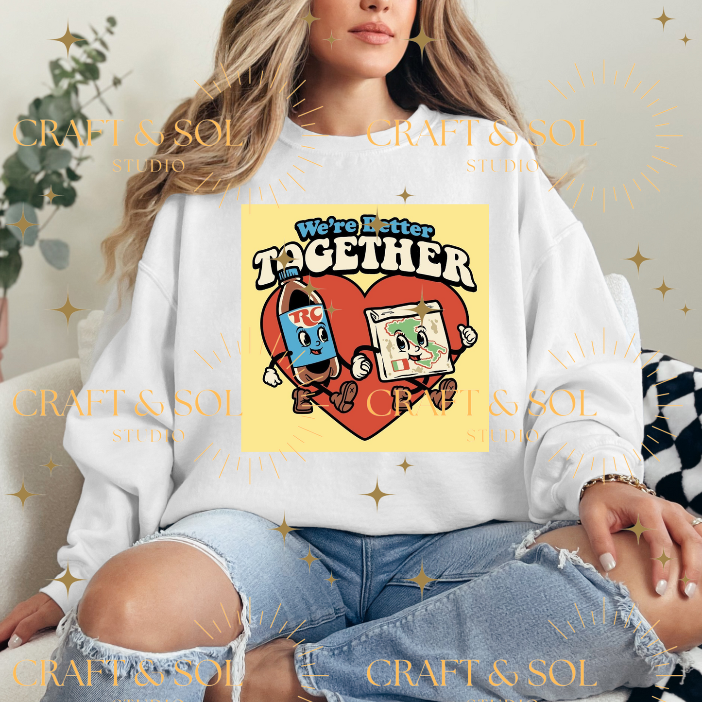 CHICAGO RC & PIZZA COUPLE WITH YELLOW BACKGROUND CREWNECK