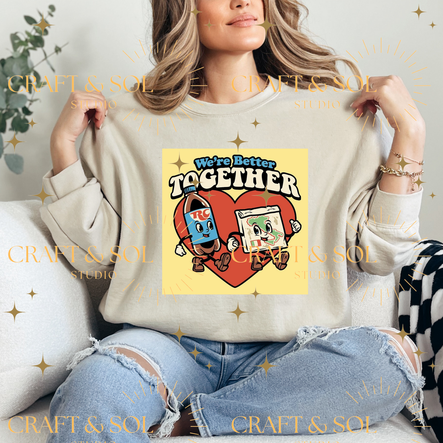 CHICAGO RC & PIZZA COUPLE WITH YELLOW BACKGROUND CREWNECK