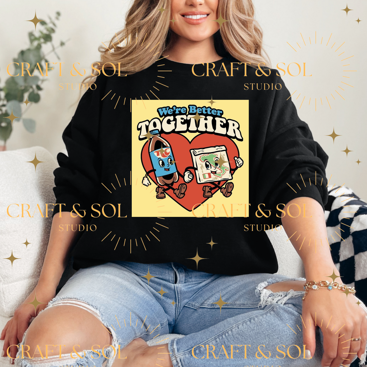 CHICAGO RC & PIZZA COUPLE WITH YELLOW BACKGROUND CREWNECK